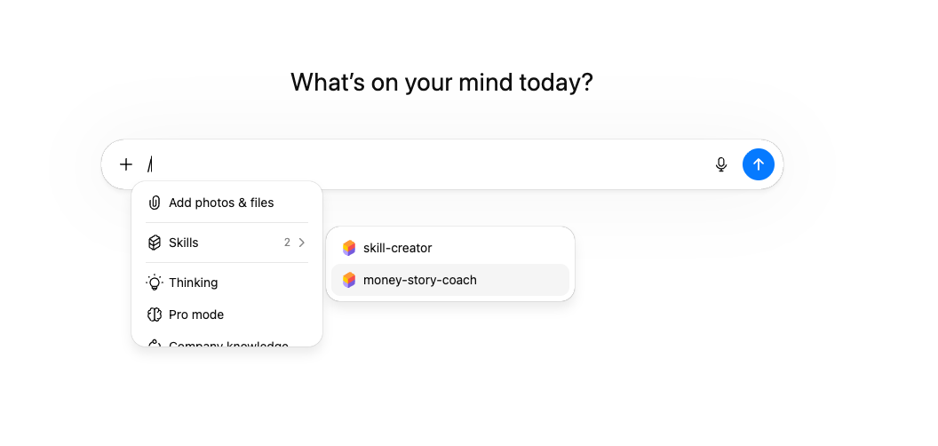 Money Stories ChatGPT skill interface screenshot
